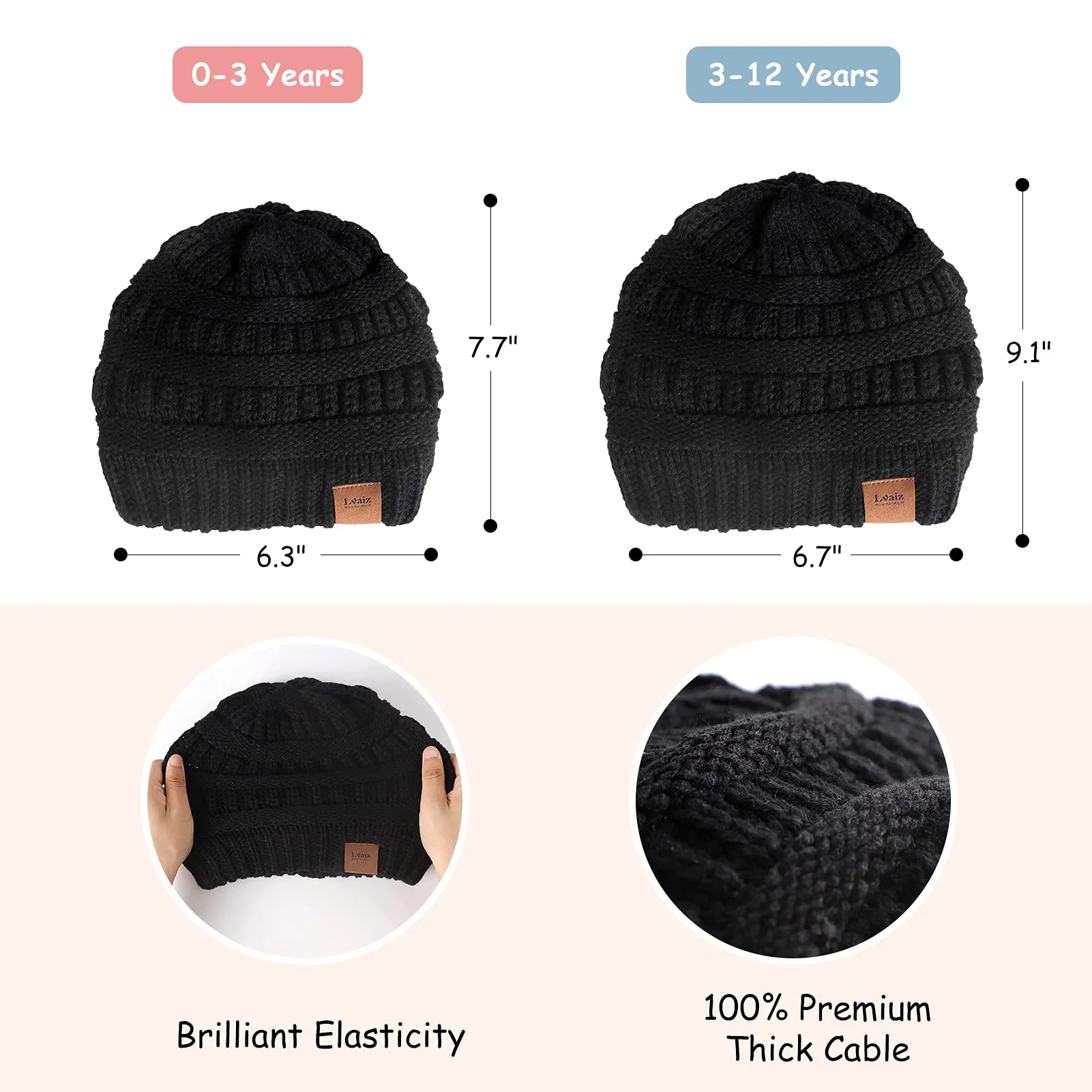 Kids Cable Knitted Beanie Silk Satin Lined Thick Chunky Cap