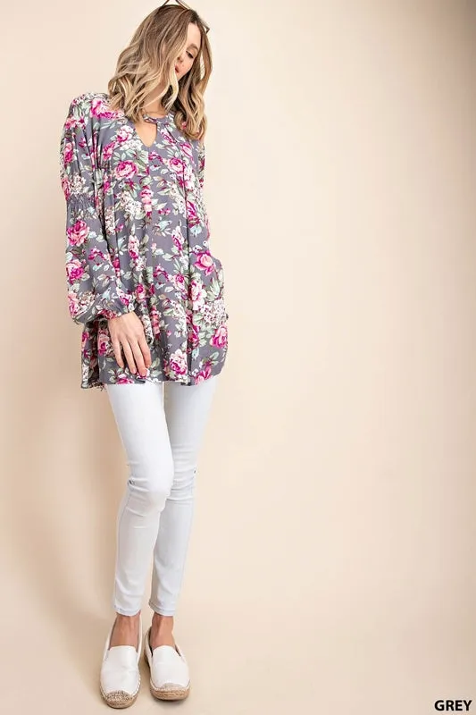 Kori Neck Button Floral Print Tunic Top - Grey