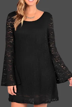 Lace Mini Tunic Dress with Trim Hem - Black