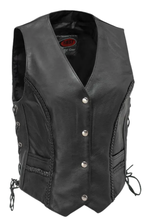 Ladies Braided Black Leather Vest