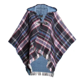 Ladies Hooded Tartan Poncho - Blue