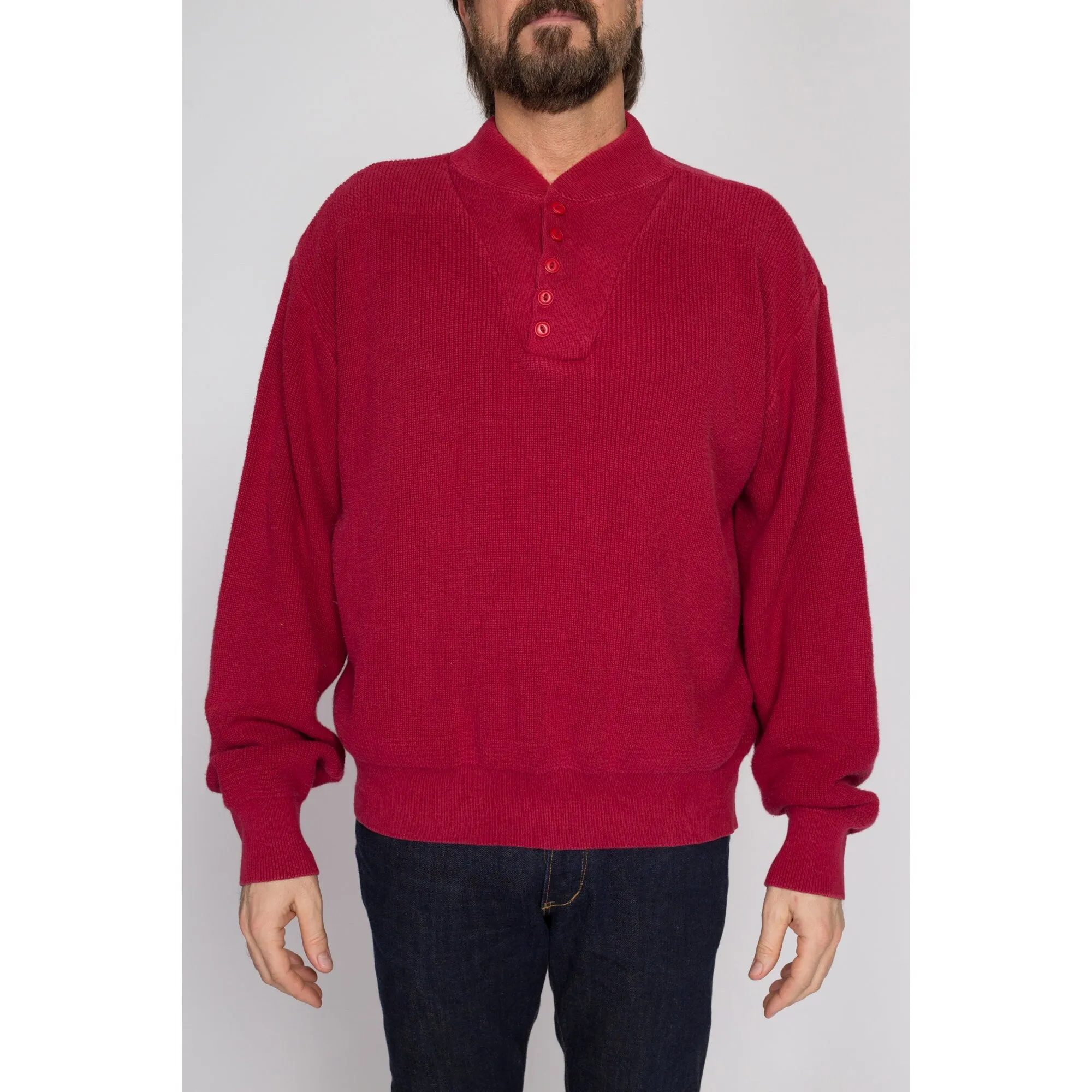 Large 80s L.L. Bean Red Knit Henley Sweater