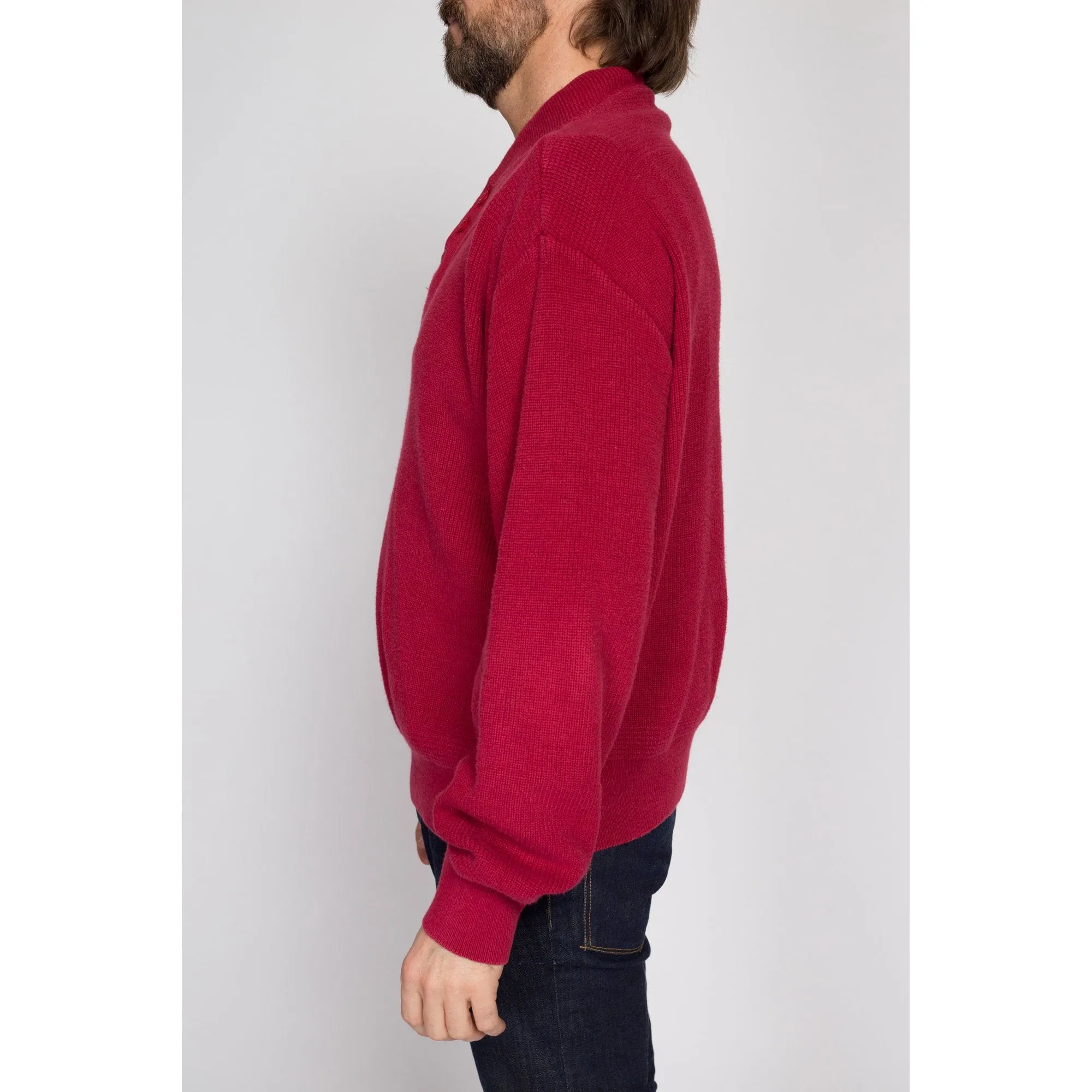 Large 80s L.L. Bean Red Knit Henley Sweater