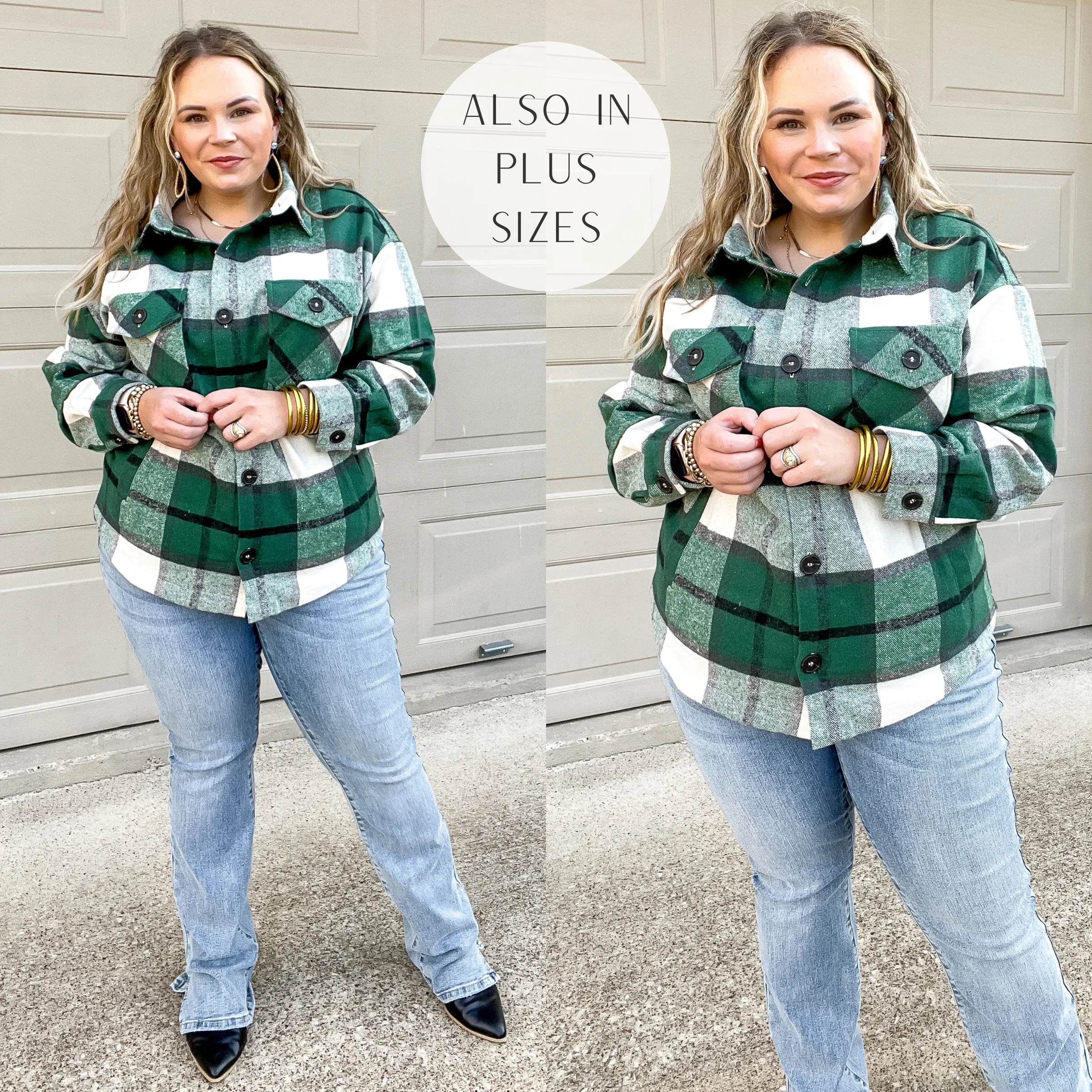 Last Chance Size Small & Medium | Autumn Air Plaid Button Up Shacket in Hunter Green