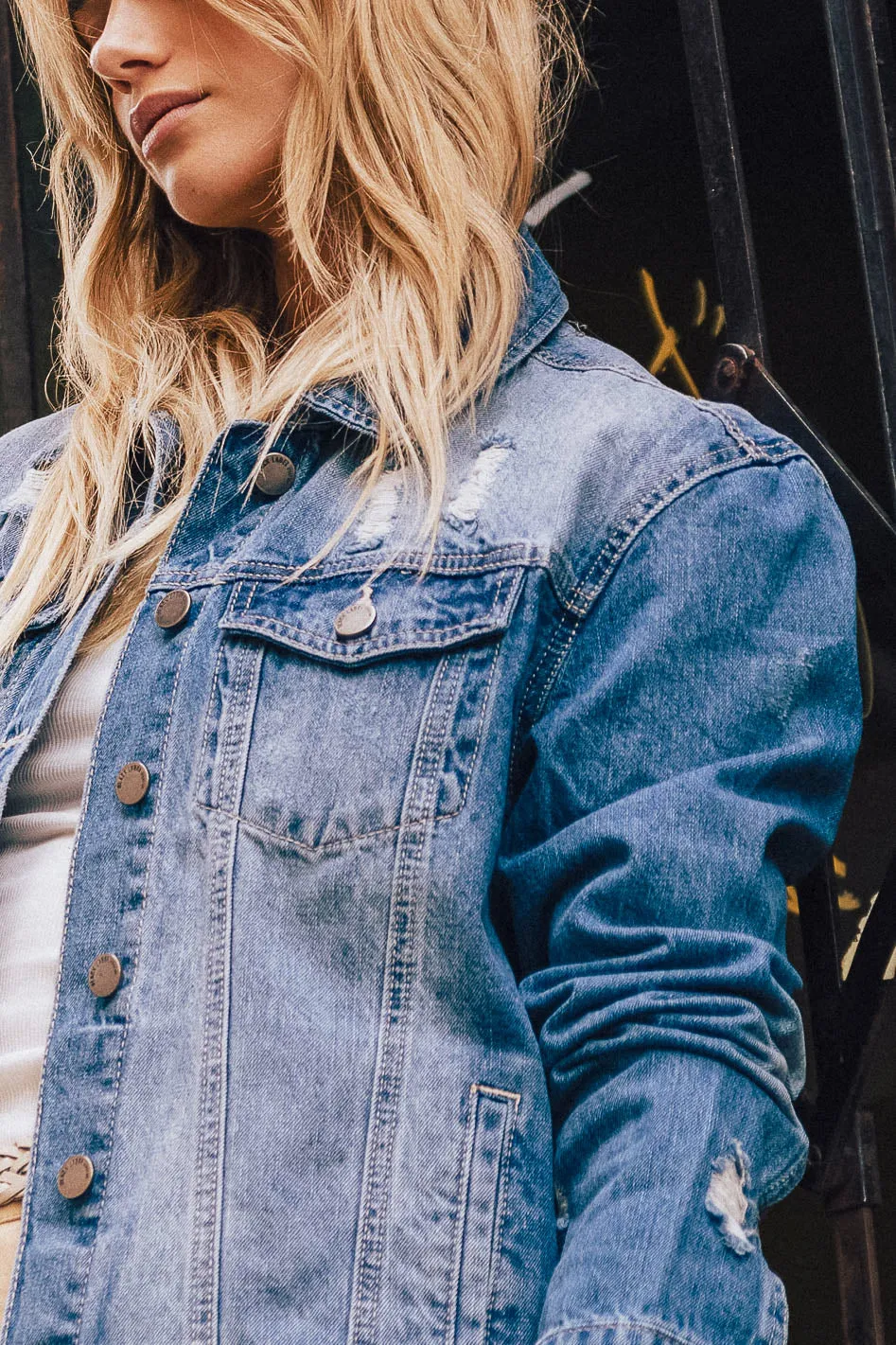 Laura Distressed Denim Jacket in Medium Wash - FINAL SALE