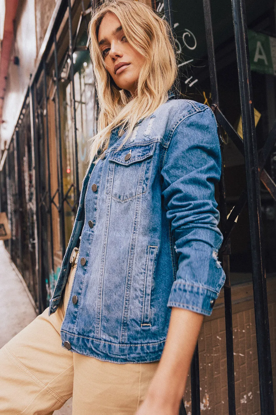 Laura Distressed Denim Jacket in Medium Wash - FINAL SALE