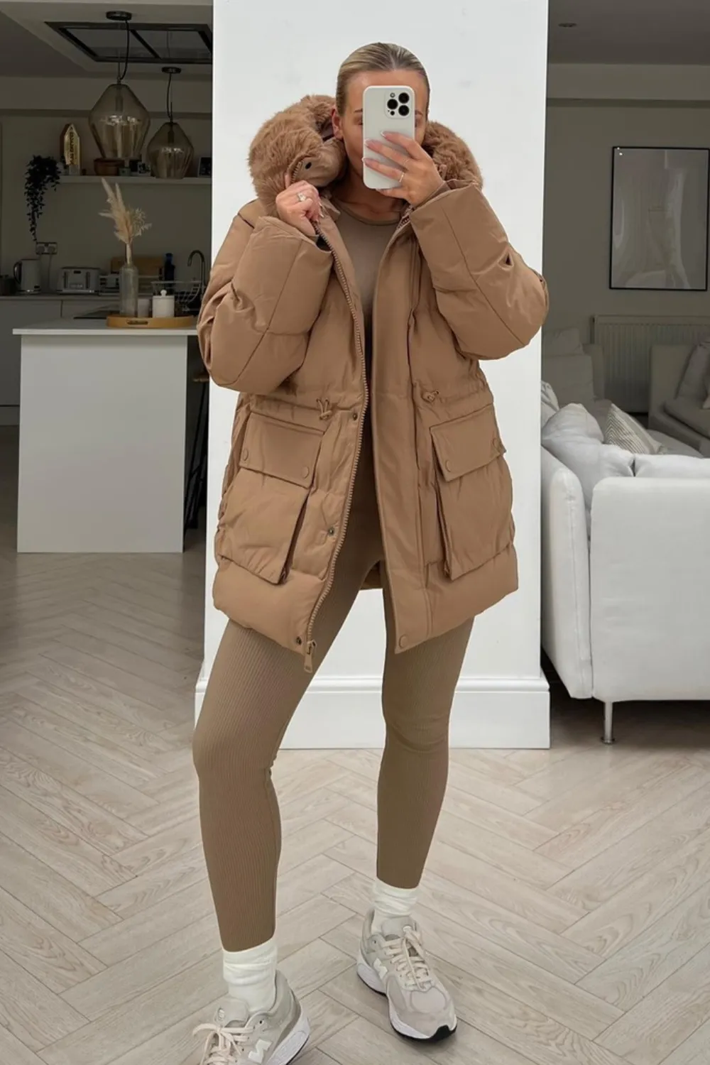 Leah camel faux fur short puffer coat