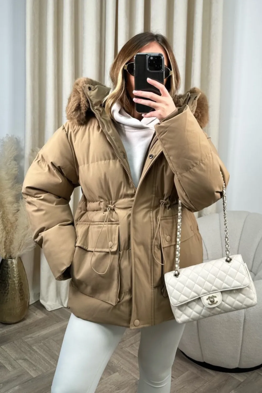 Leah camel faux fur short puffer coat