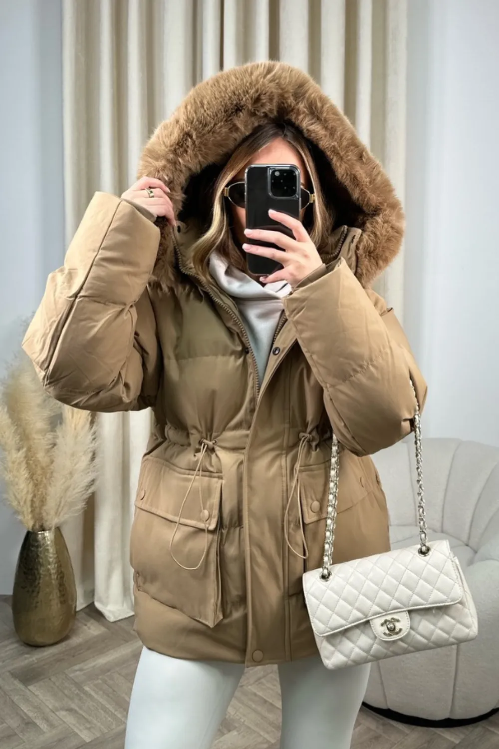 Leah camel faux fur short puffer coat