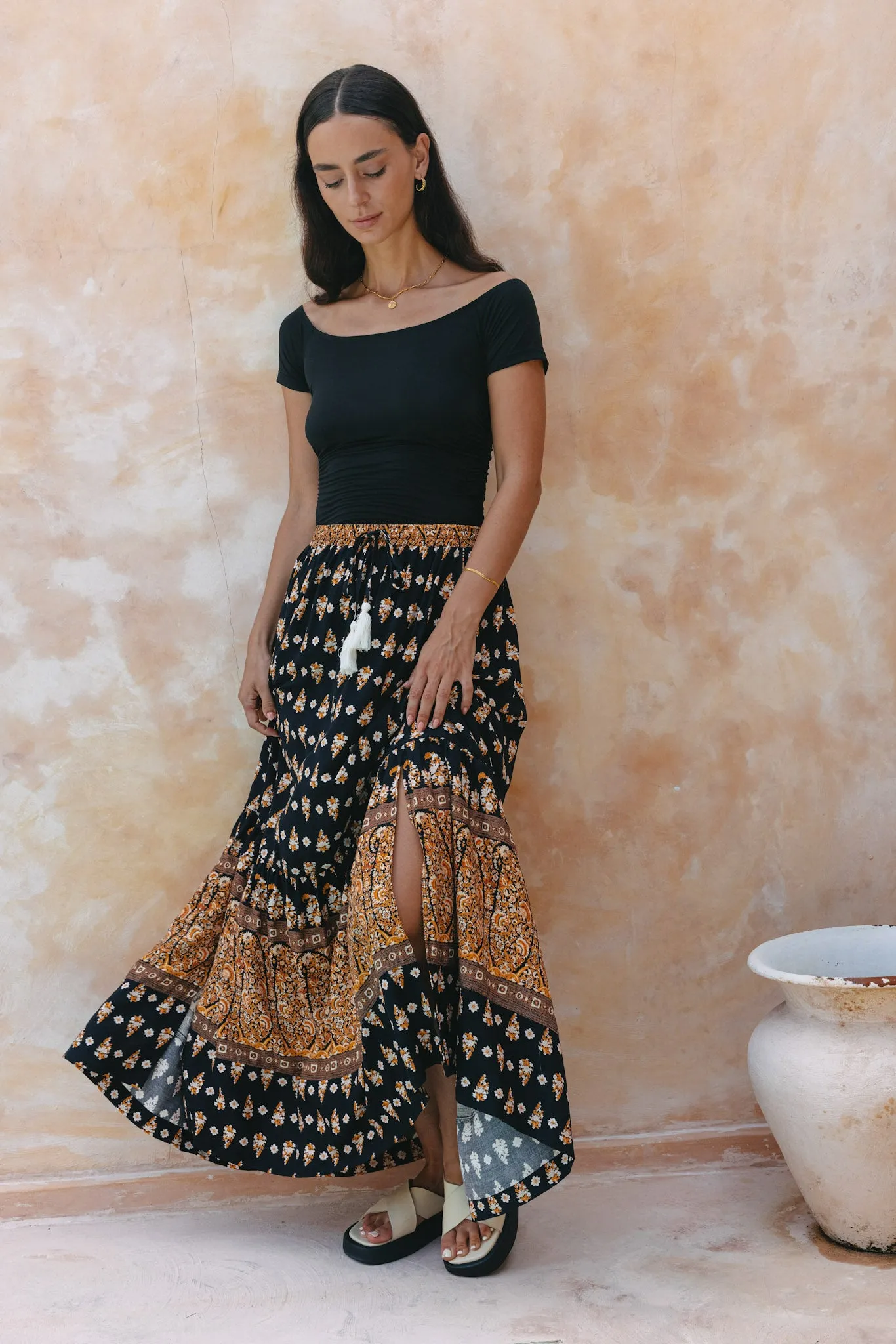 Leila Black Boho Maxi Skirt