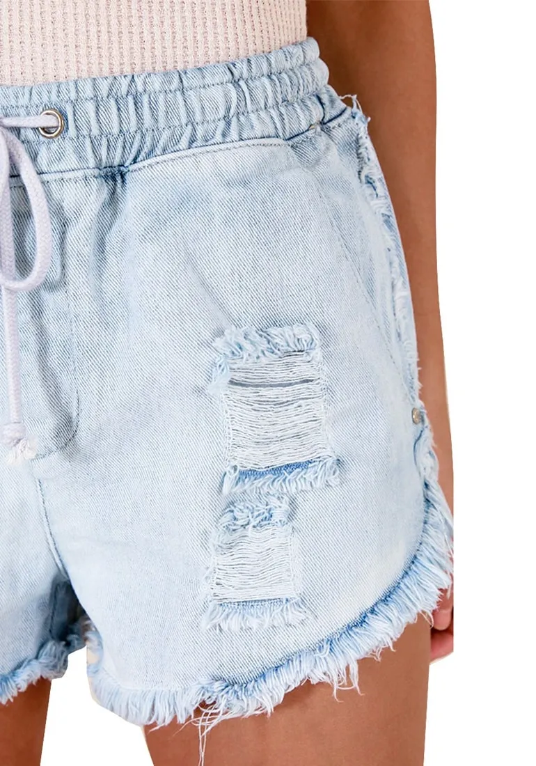 Light Blue Raw Hem Drawstring Distressed Denim Shorts