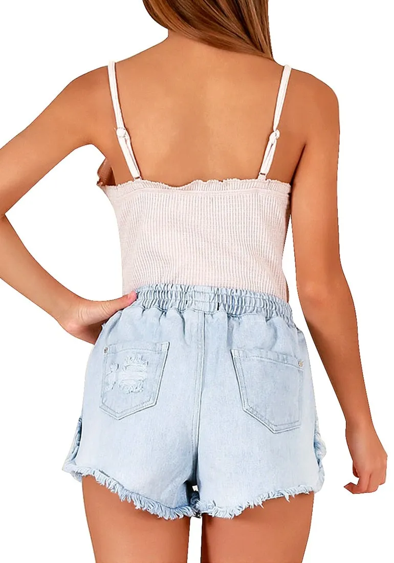 Light Blue Raw Hem Drawstring Distressed Denim Shorts