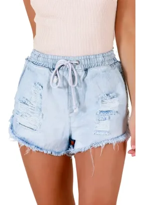 Light Blue Raw Hem Drawstring Distressed Denim Shorts