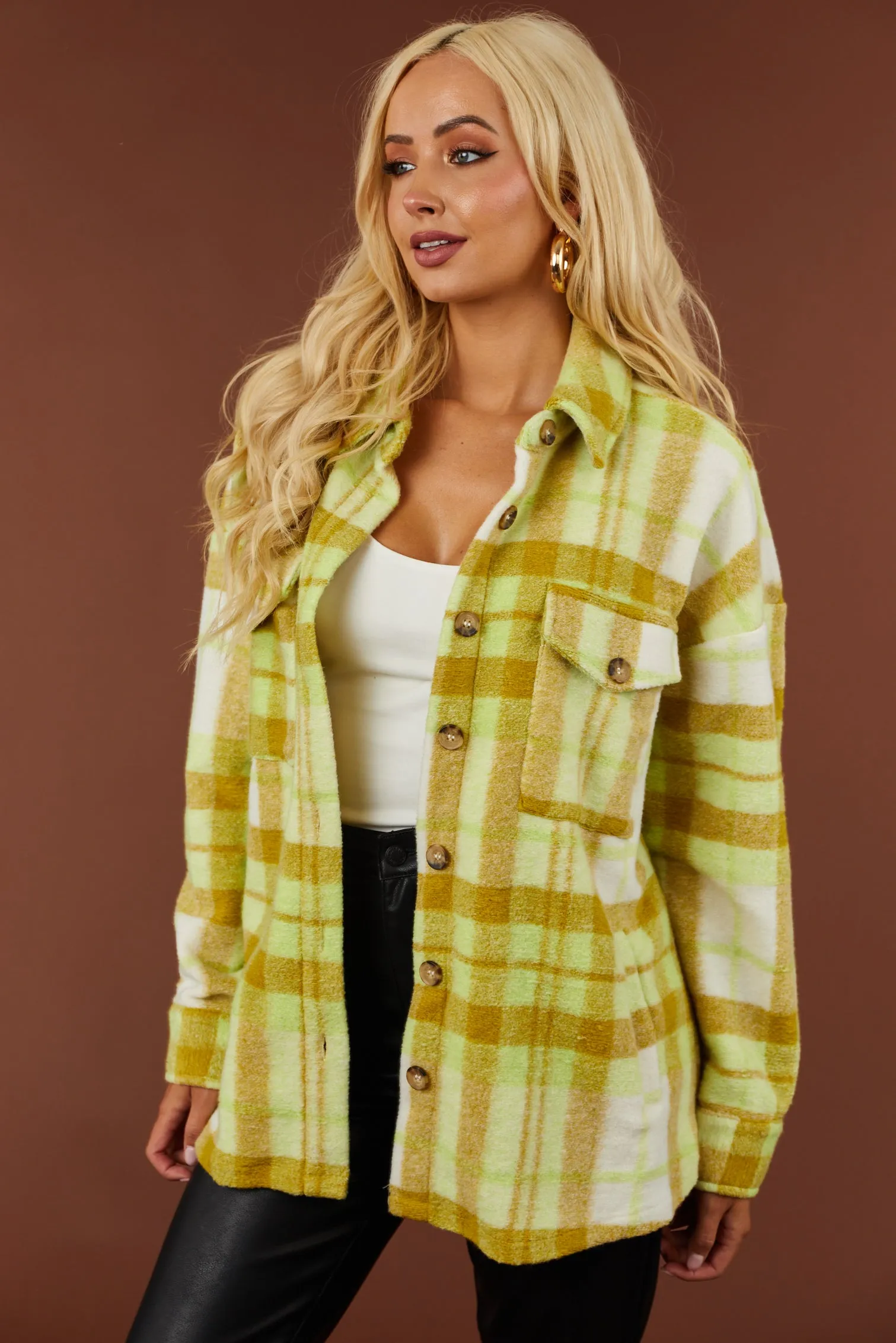 Lime Plaid Super Soft Fuzzy Shacket