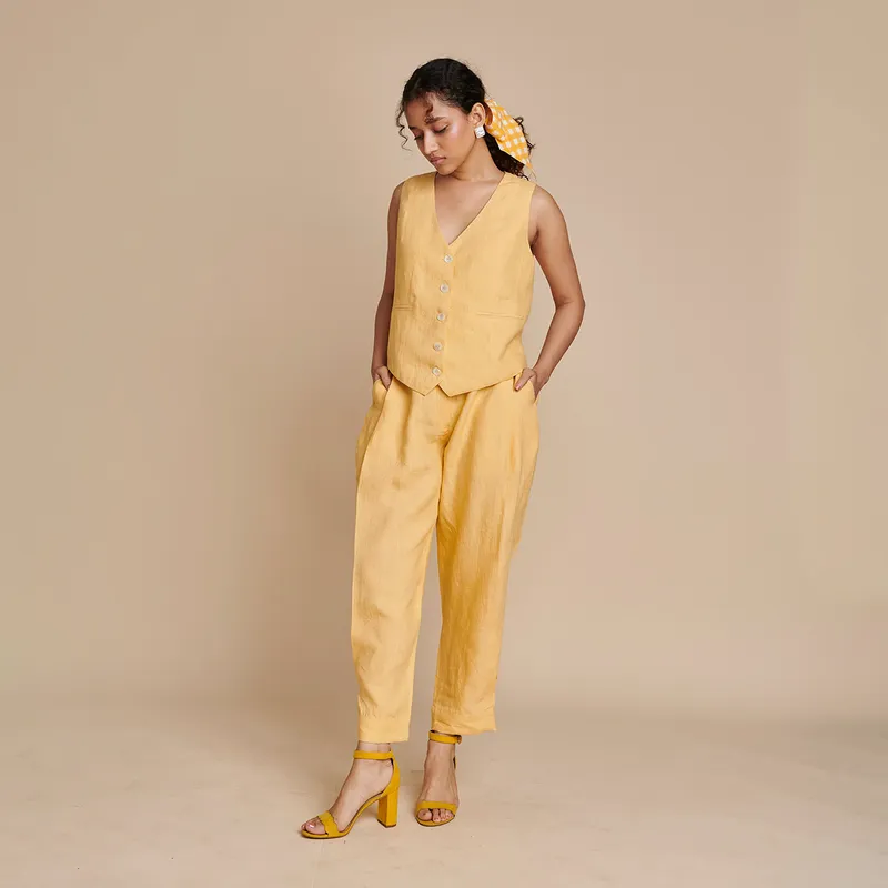 Linen Pants for Women | Yellow | Side Pleated