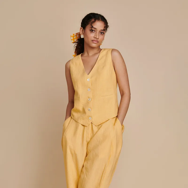 Linen Pants for Women | Yellow | Side Pleated