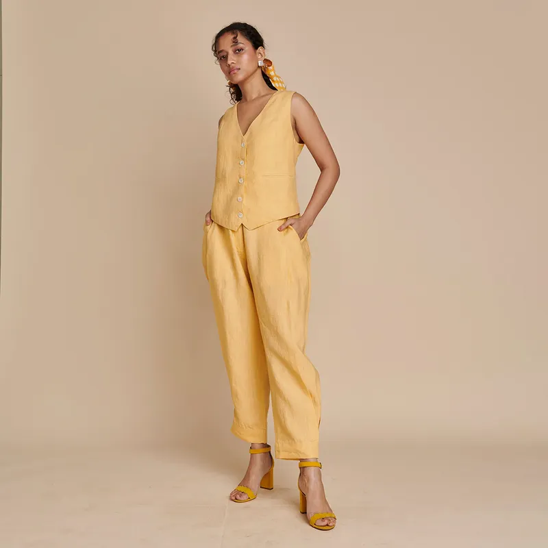 Linen Pants for Women | Yellow | Side Pleated