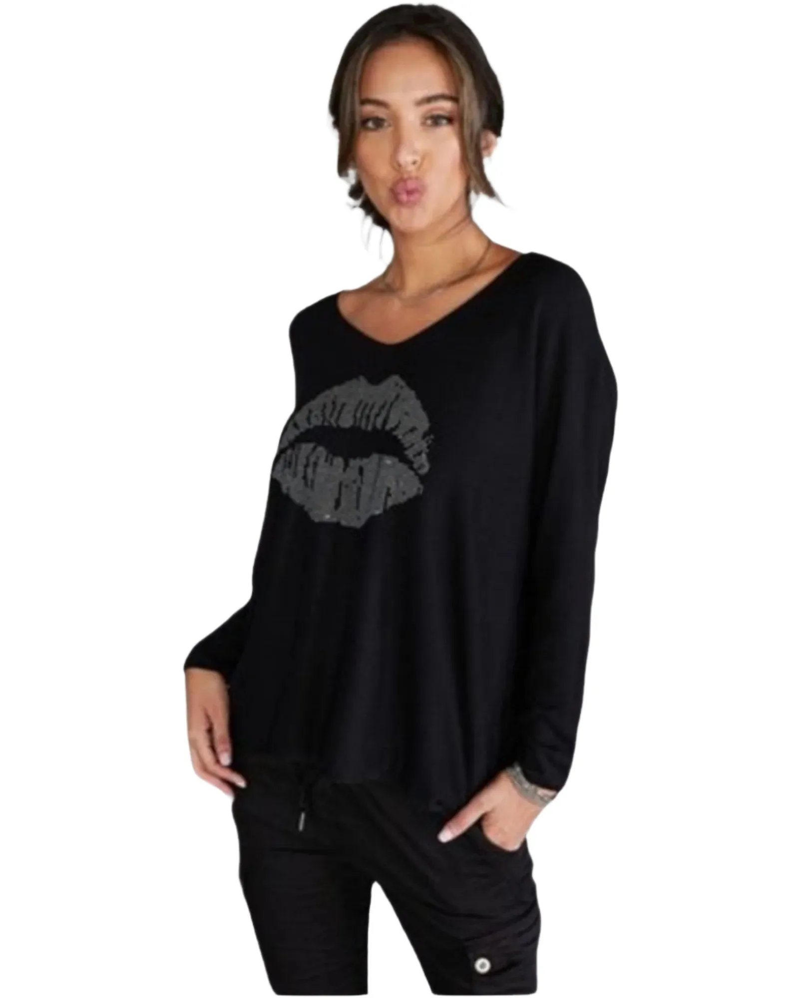 Lips Liss Rhinestone Long Sleeve Sweater Knit Top