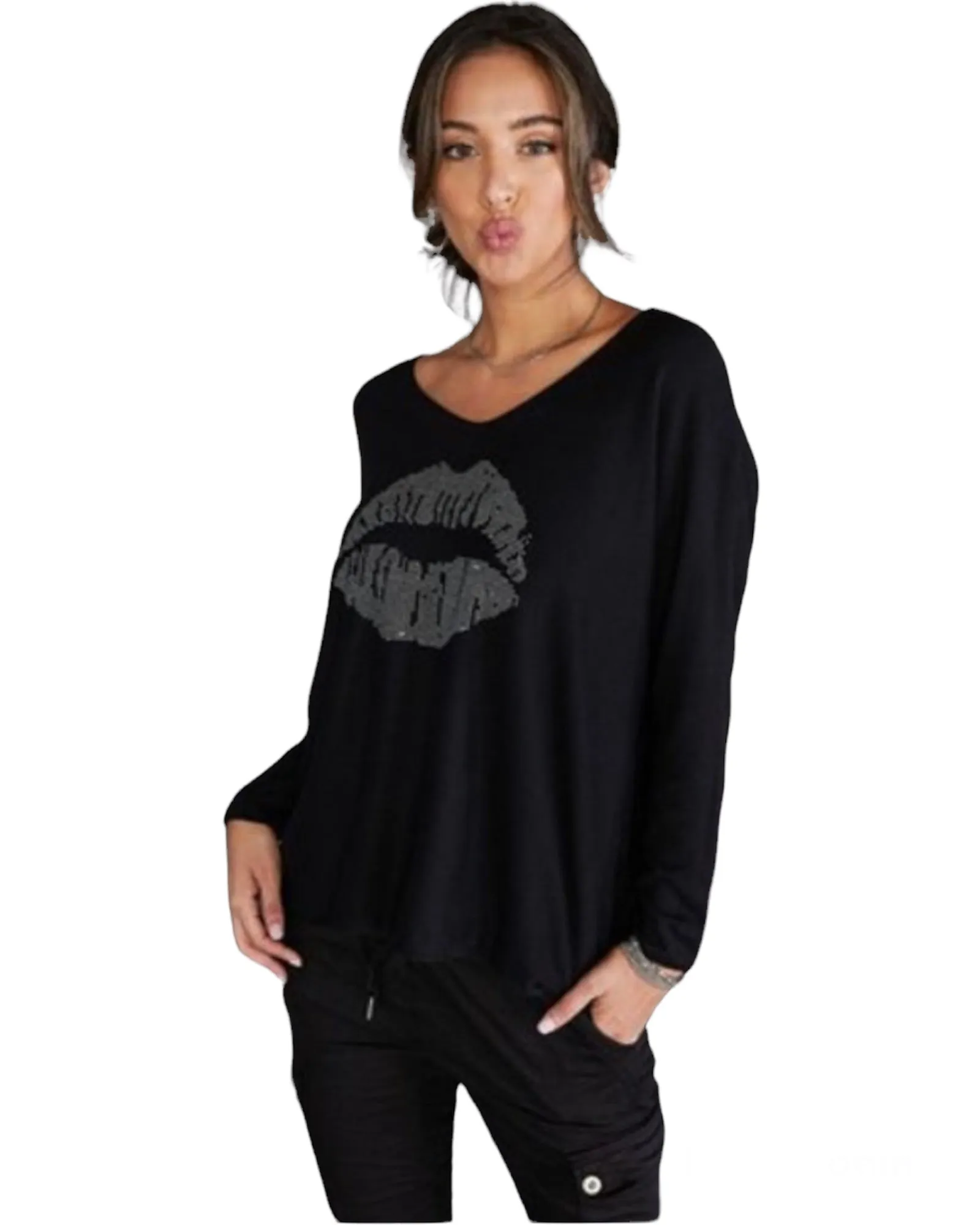 Lips Liss Rhinestone Long Sleeve Sweater Knit Top