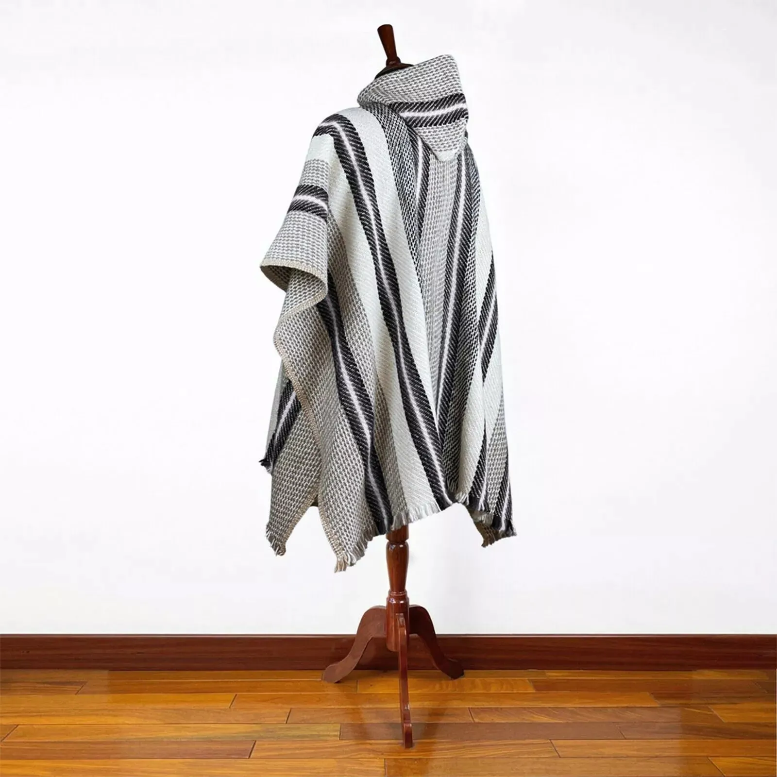 Llama Wool Unisex South American Handwoven Hooded Poncho - XL - striped pattern