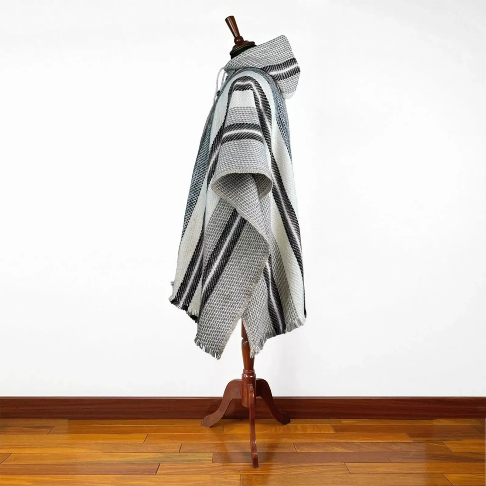 Llama Wool Unisex South American Handwoven Hooded Poncho - XL - striped pattern