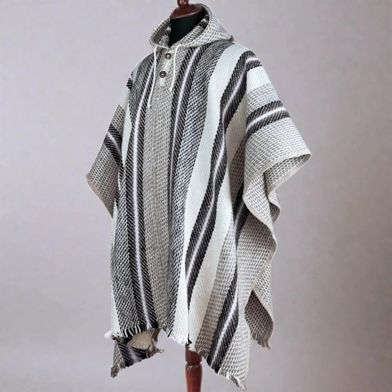 Llama Wool Unisex South American Handwoven Hooded Poncho - XL - striped pattern