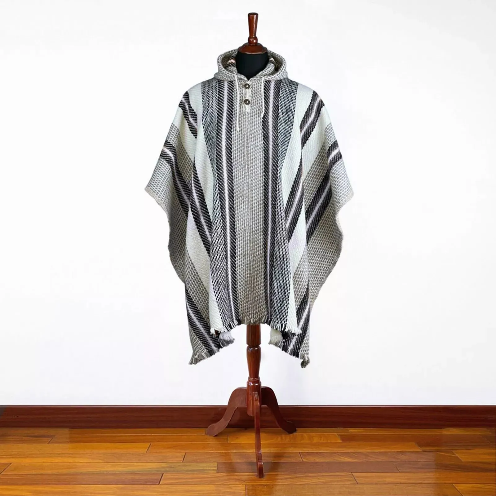 Llama Wool Unisex South American Handwoven Hooded Poncho - XL - striped pattern