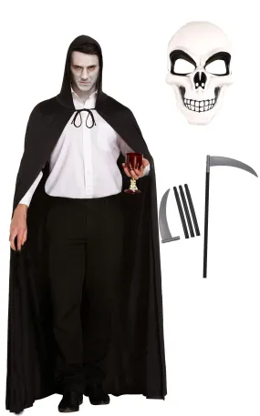 Long Black Cape with Hood White Skeleton Face Mask Plastic Scythe Halloween Scary Grim Reaper Fancy Dress Costume