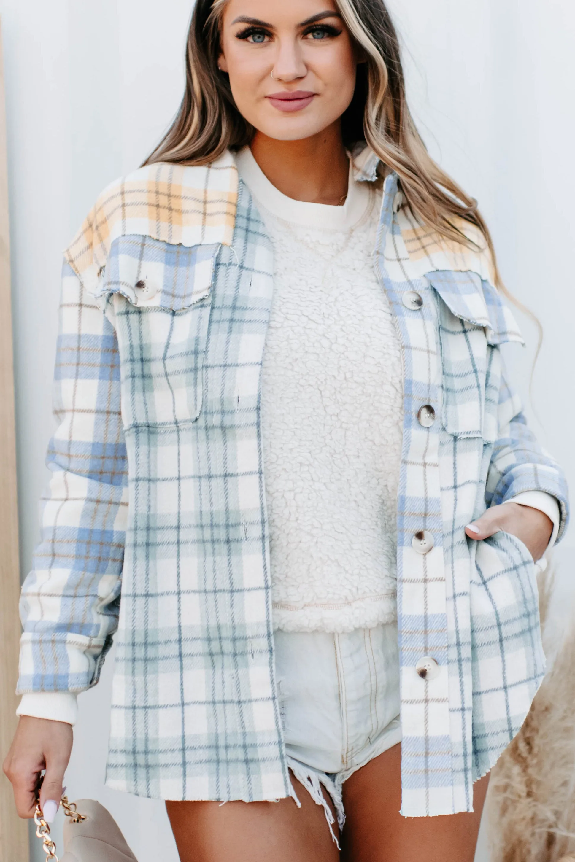 Long Drives Mixed Plaid Shacket (Sage Multi)