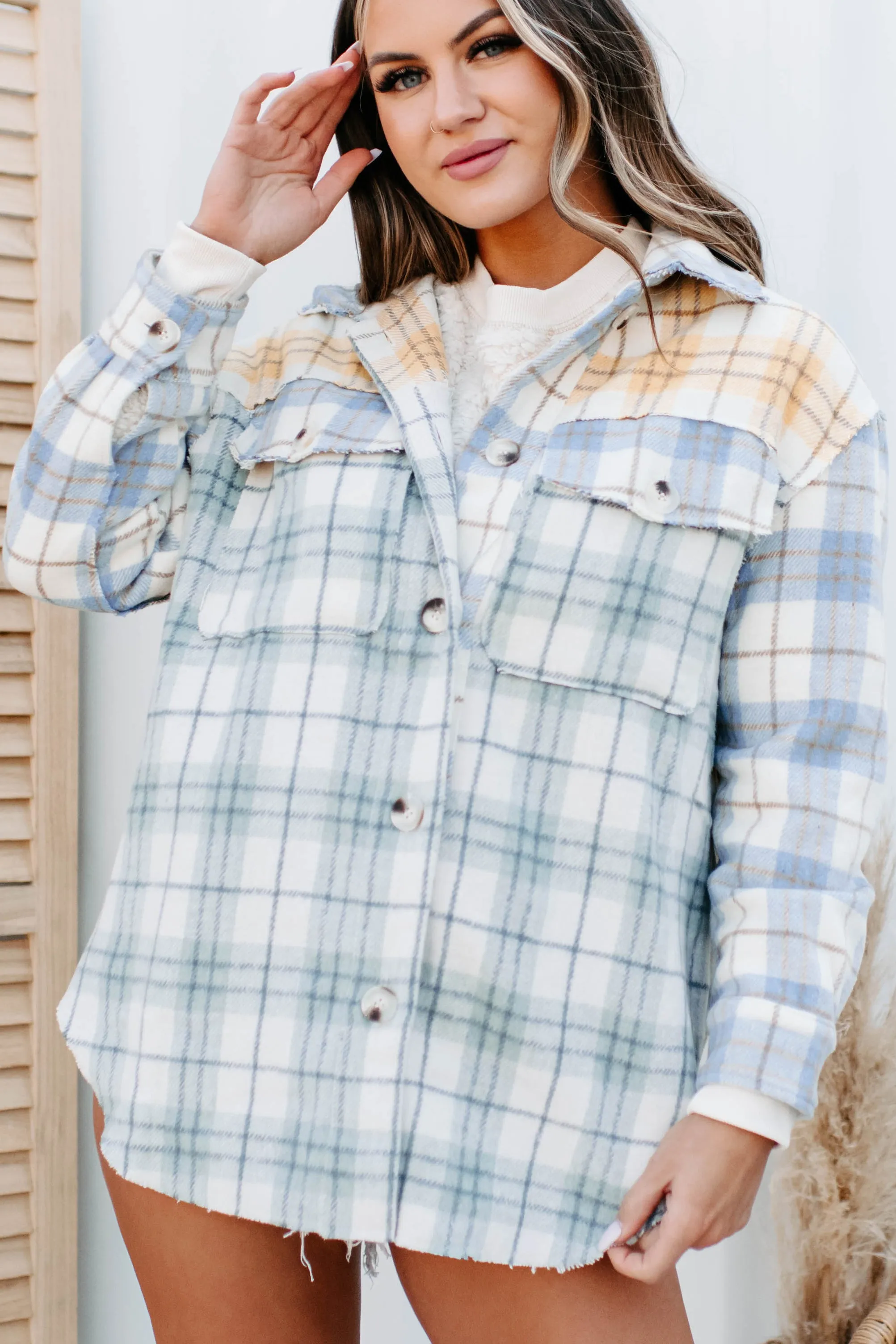 Long Drives Mixed Plaid Shacket (Sage Multi)