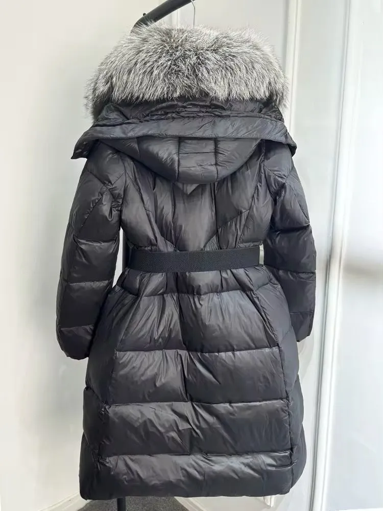 Luxurious Women's Long Duck Down Jacket with Real Fox Fur