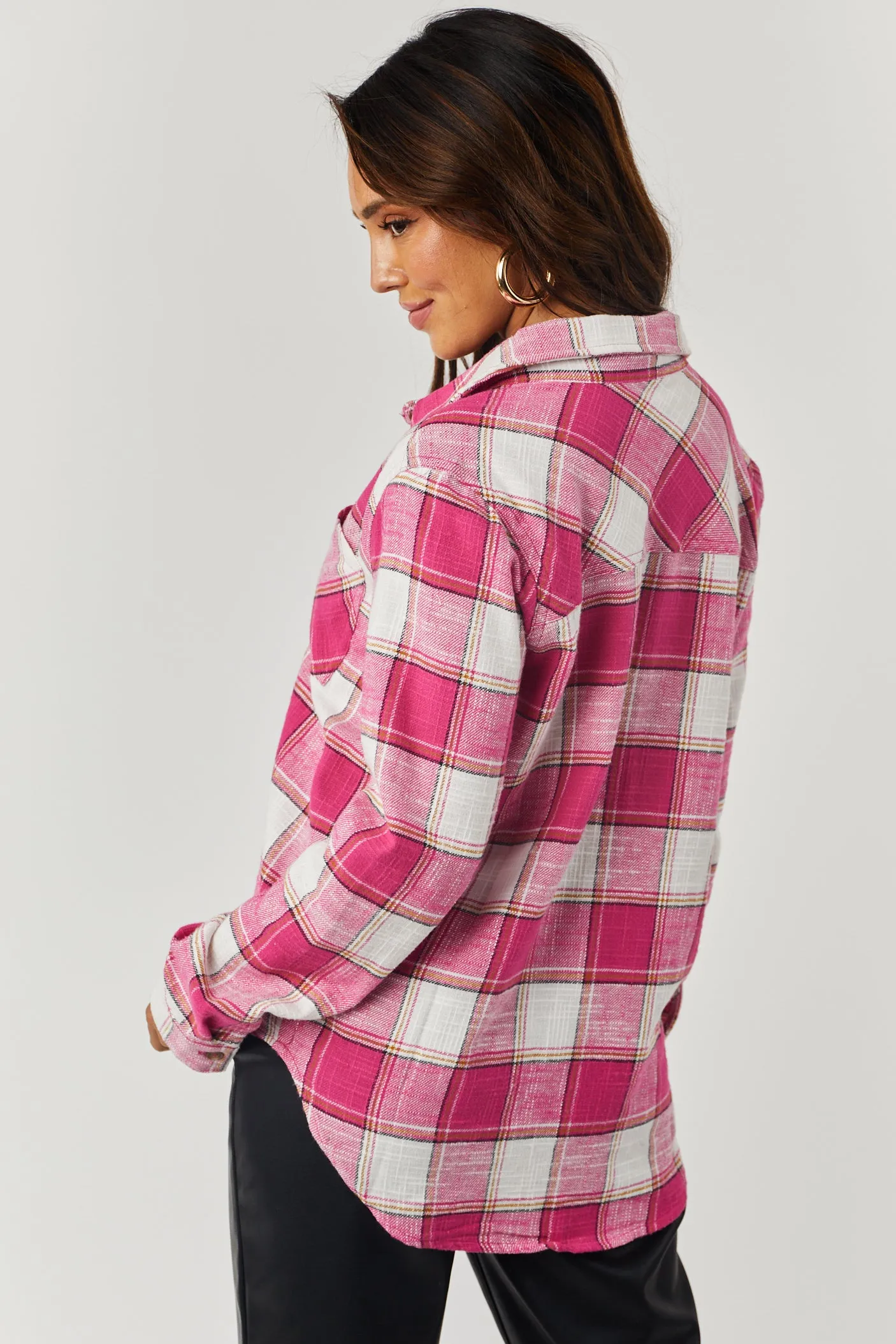 Magenta Plaid Cotton Lightweight Shirt Jacket