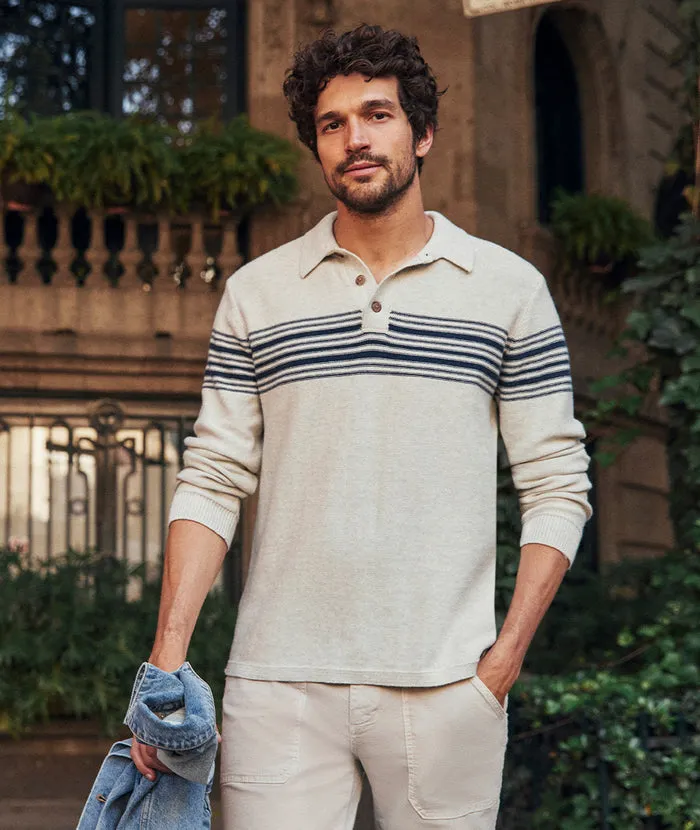 Marine Layer LS Chest Stripe Sweater Polo-pearl/dark indigo