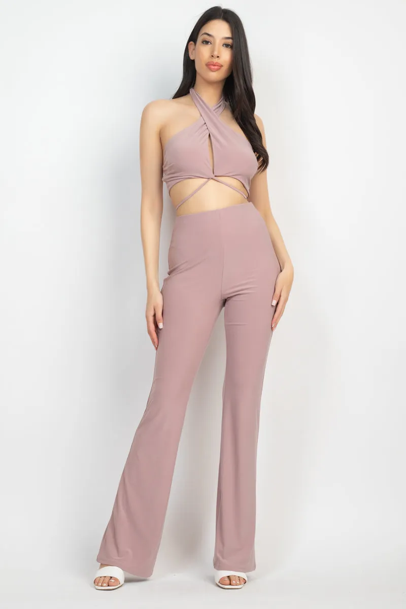 Mauve Solid Halter Top And Elastic Leggings Set - Ships from The USA