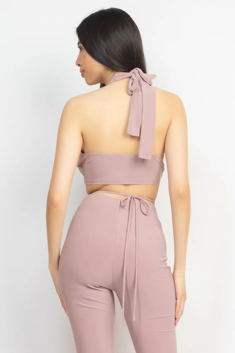 Mauve Solid Halter Top And Elastic Leggings Set - Ships from The USA