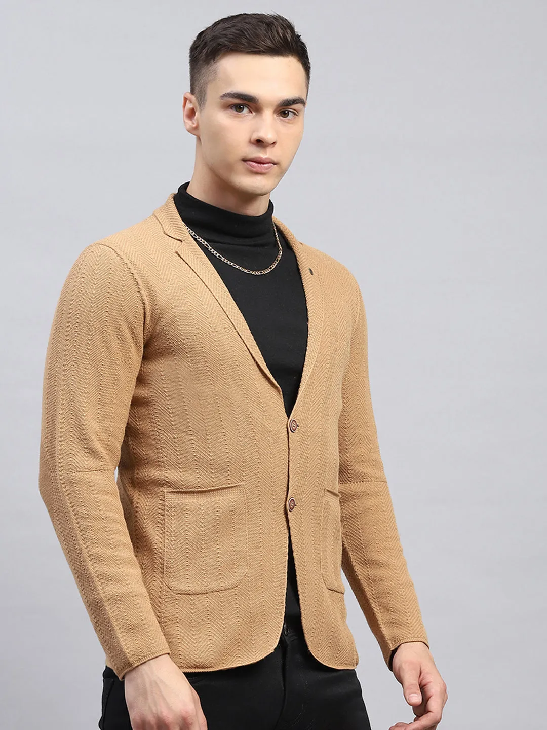 Men Beige Self Design V Neck Full Sleeve Coat