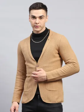 Men Beige Self Design V Neck Full Sleeve Coat