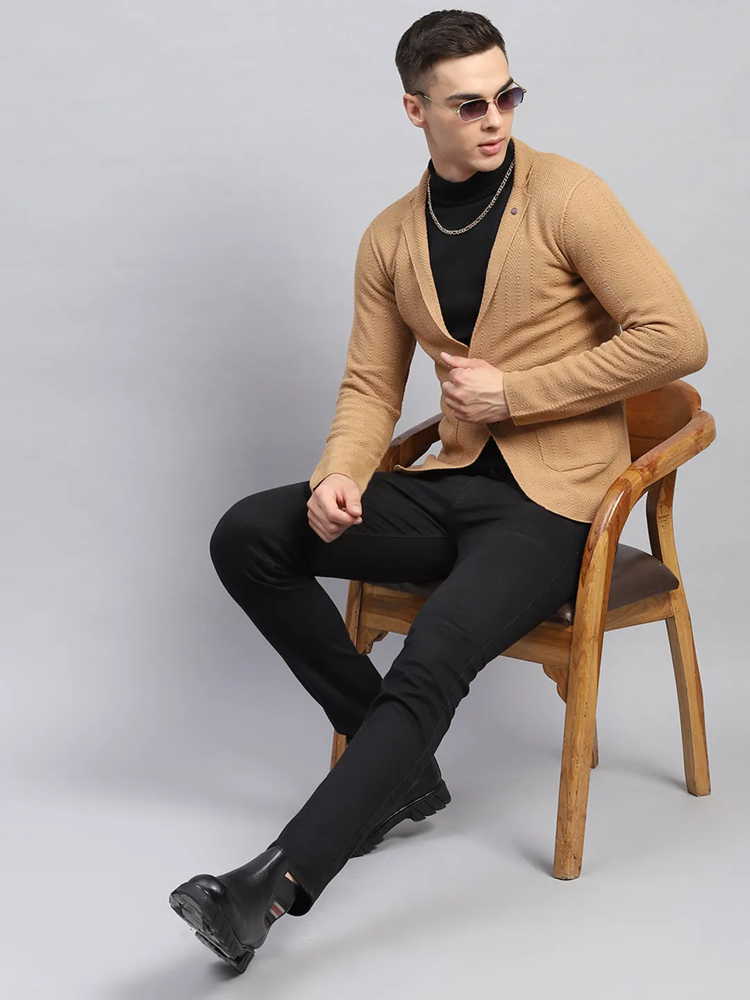 Men Beige Self Design V Neck Full Sleeve Coat