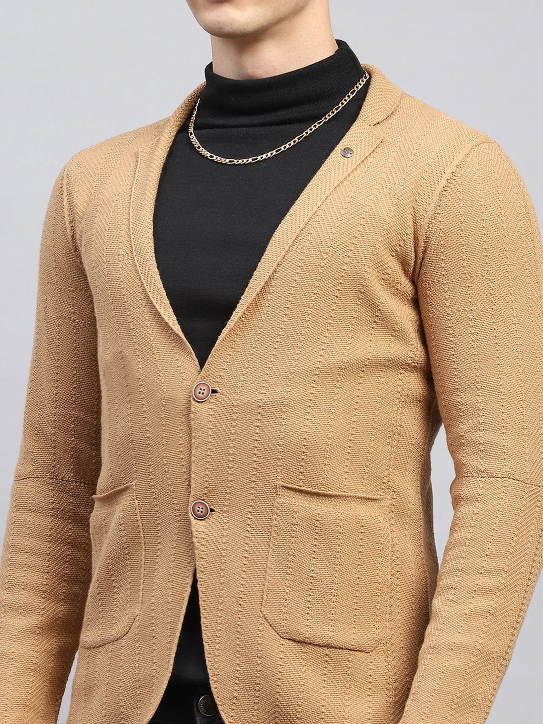 Men Beige Self Design V Neck Full Sleeve Coat