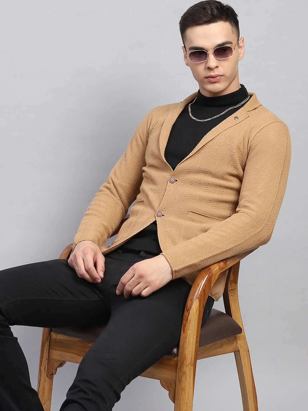 Men Beige Self Design V Neck Full Sleeve Coat