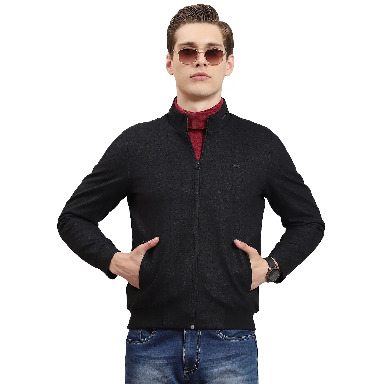 Men Black Check Collar Full Sleeve Jacket