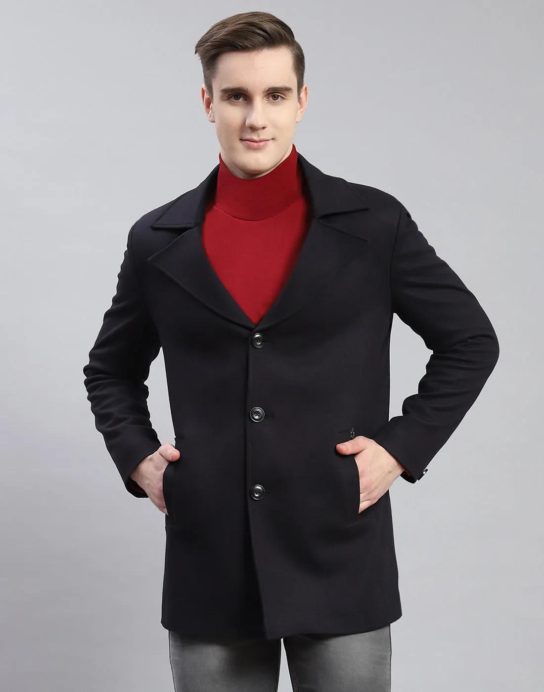 Men Navy Blue Solid Lapel Collar Full Sleeve Coat