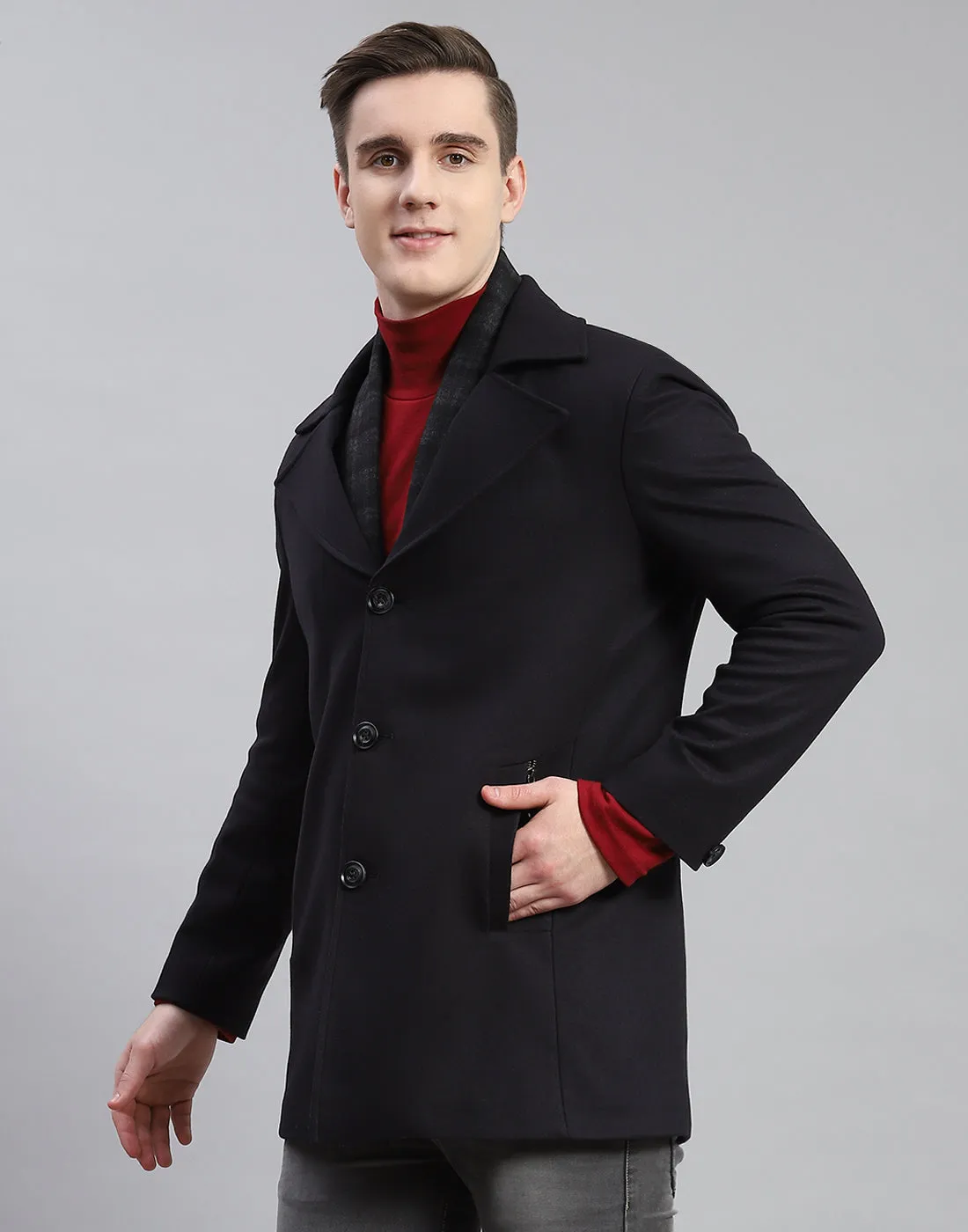 Men Navy Blue Solid Lapel Collar Full Sleeve Coat