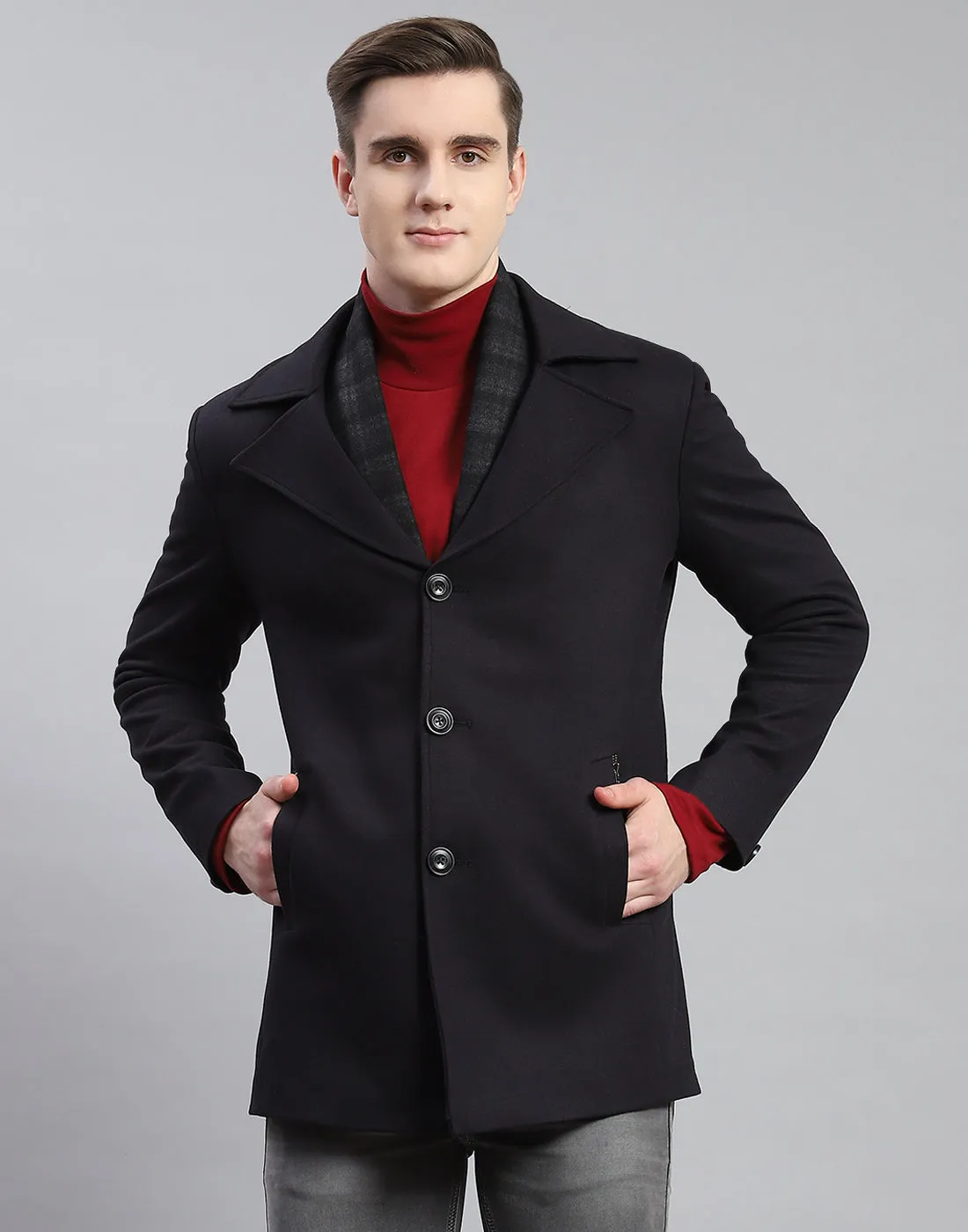 Men Navy Blue Solid Lapel Collar Full Sleeve Coat