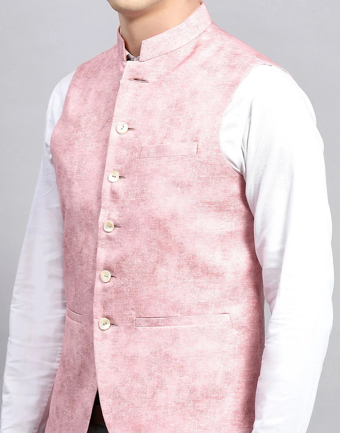 Men Pink Self Design Mandarin Collar Sleeveless Nehru Jacket