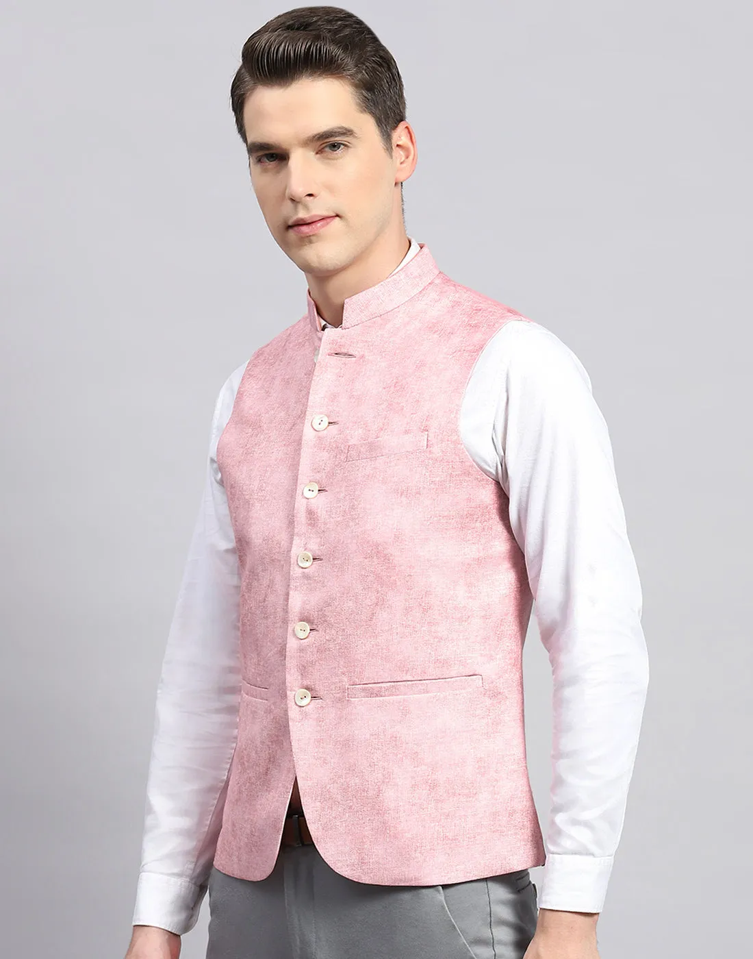 Men Pink Self Design Mandarin Collar Sleeveless Nehru Jacket