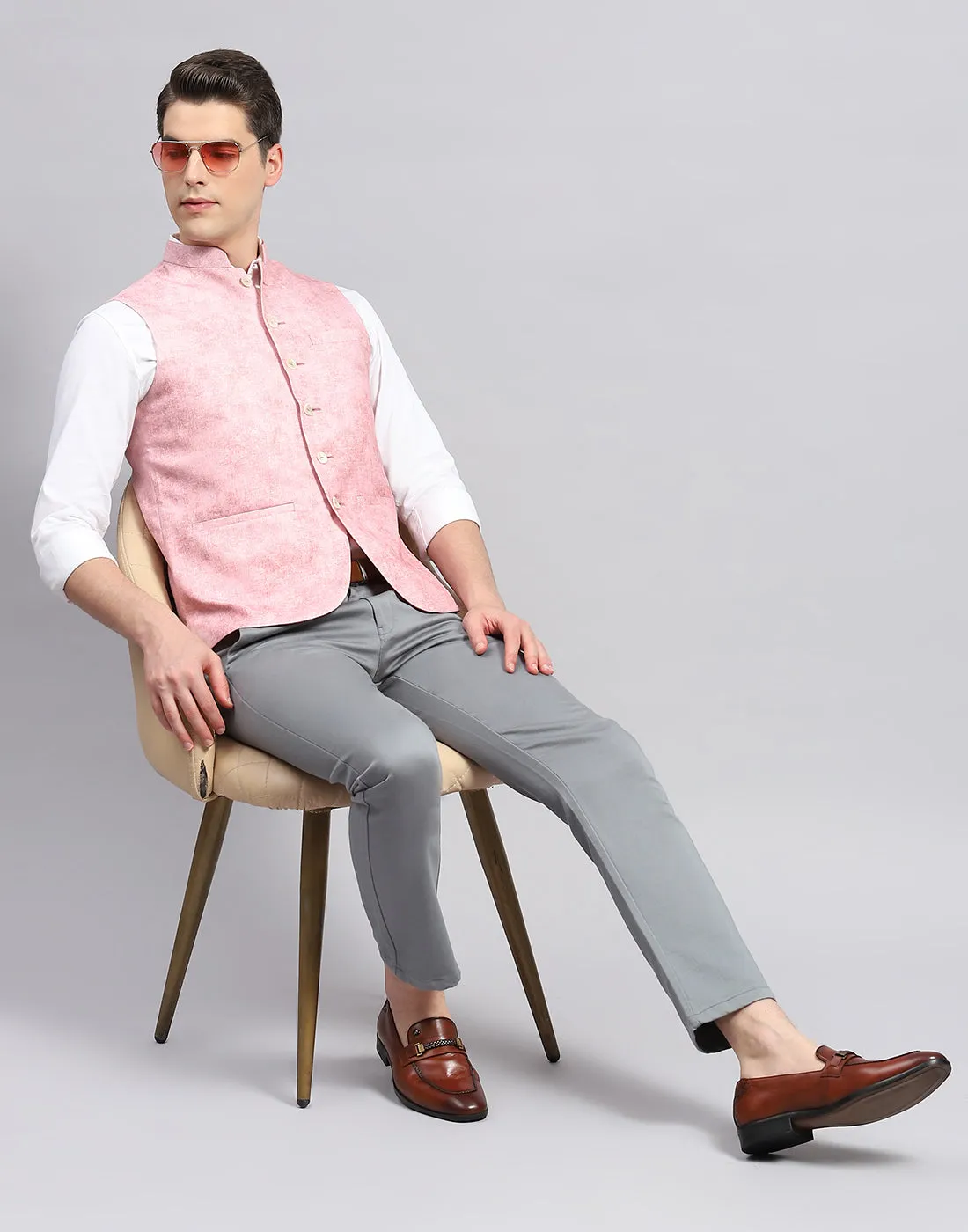 Men Pink Self Design Mandarin Collar Sleeveless Nehru Jacket