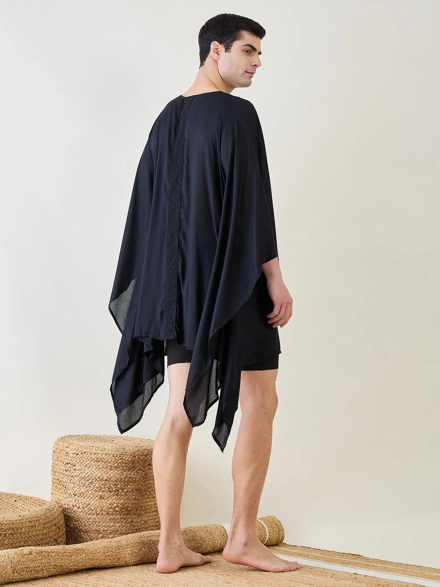 Mens Black Poncho Swimwear Cover-Up