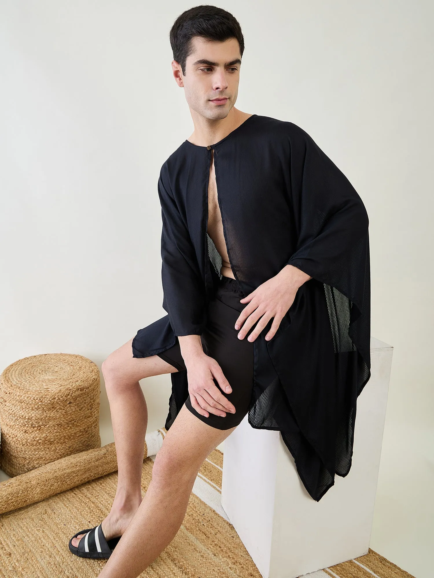 Mens Black Poncho Swimwear Cover-Up