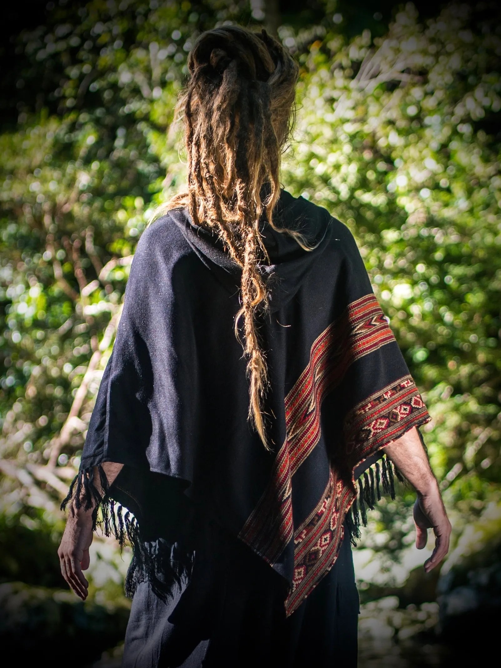 Mens Black Poncho Yak Wool Handmade with Large Hood and pockets, Earthy Tribal Pattern